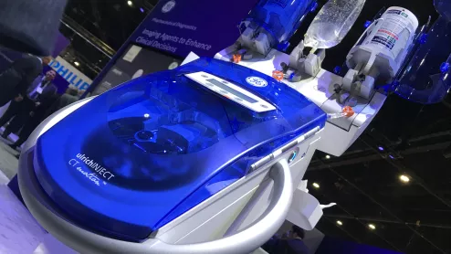 Syringeless contrast media injectors like the GE Ulrich CT Motion have gained a lot of interest in 2022 because of the iodine contrast shortage. These systems use rollers to squeeze precise amounts of contrast from a large bolus container for multiple patients, helping conserve a significant amount of contrast.