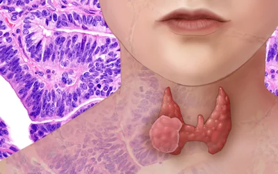 Illustration showing the location of the thyroid in the neck and a nodule of cancer growth. The background shows a pathology microscope image of the tissue extracted from the thyroid during a needle biopsy that is used to determine if a nodule in benign or cancerous. If malignant, these images help determine what type of cancer. 