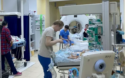 Improvised pediatric intensive care unit (ICU) in a Siemens CT imaging room in the basement of the Scientific Practical Children's Cardiac Center in Kyiv. All patients, staff and clinical operations were moved into the basement of the hospital because of intensified Russian attacks on the city ijn the days that followed the Russian invasion in late February 2022. Read more about this hospital in the article War in Ukraine has not stopped congenital heart surgeries in Kyiv. Photo by Oleksandr Yachnik