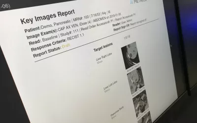 Example of AI pulling key images for thumbnails in a CT dataset for display to make it easier for radiologists to visually fine what they are looking for rather than reading a long list of text descriptions. Example shown by AI Metrics.