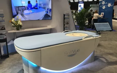 The Delphinus offers whole breast 3D ultrasound tomography system. To use the system, the patient lays in a prone position on a table with their breast inserted into a hole in the table. It is filled with water and a light suction device pulls the breast down to elongate without compression. It has a ring ultrasound transducer to create the tomography images and offers data on tissue composition to help assess cancers. #RSNA