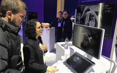 Demonstration of how remote sonographers or physicians can share fetal heart ultrasound exams with a remote digital expert for a consult, demonstrated by GE Healthcare. #RSNA #RSNA22