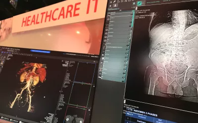 The healthcare IT demo area in the Canon booth showing off advanced visualization and workflow software from Vitrea.