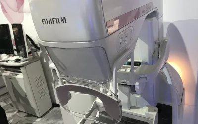 The Fujifilm Aspire Cristalle mammography system on display at RSNA 2022. this is a 3D mammography system that enables digital breast tomosynthesis (DBT). Like a CT scan, it creates slices that can be flipped through to see the layers of tissue and better define if an area of suspected cancer is a series of layers of dense breast tissue or an actual lesion. #RSNA #RSNA22