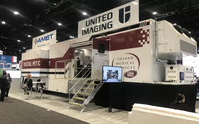 Several semi-truck trailer, mobile imaging systems were on display this year at RSNA 2022. This one is has a United Imaging PET-CT nuclear imaging system that can be moved to various hospitals in rural areas to provide access to advanced hybrid imaging, while keeping it cost effective for lower volume hospitals. 