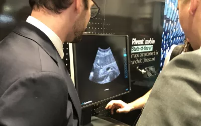 Point of care ultrasound (POCUS) image enhancement software shown by ContextVision. The vendor said POCUS use has been limited because many physicians want to do more than a quick look. This app allows for more diagnostic quality exams comparable to larger, more expensive imaging systems. 