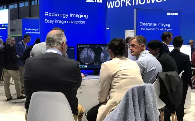 A key trend in PACS and enterprise imaging systems are features that can improve workflow to make it faster and more efficient. This was the common theme in messaging in all the vendor booths. This is the Sectra booth at RSNA 2022. #Sectra #RSNA #RSNA22
