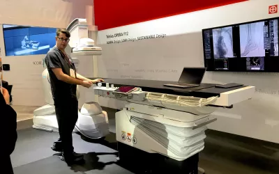 The new Shimadzu Trinias Opera F12 angiography system unveiled at RSNA 2022. It offers very clear imaging and several radiation dose reduction features. 