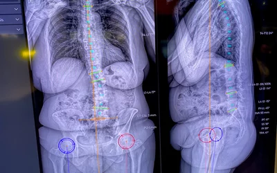 AI automated orthopedic measurements on the EOS load bearing X-ray system at RSNA 2023. Photo by Dave Fornell. #RSNA #RSNA23 #RSNA2023 orthopedic imaging