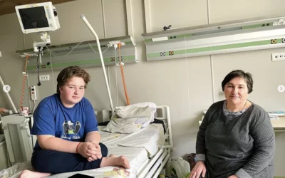 Recovering 13-year-old boy at Okhmatdyt Children's Hospital in Kyiv. He was hit by shrapnel from shelling in the Kherson region in March 2023 when Russian artillery were hit the neighboring house. After a CT scan he was sent to surgery to remove the metal fragments under fluoroscopy from the left scapula.  