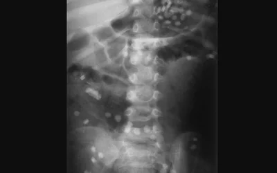 Radiograph of a 3-year-old boy showing multiple iron tablets, probably containing ferrous gluconate and ferrous sulphate salts. He recovered without sequelae. Image courtesy of RSNA