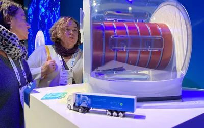 Philips highlighted its Blue Seal MR 5300 1.5T MRI, low-helium sealed system at RSNA 2024. The compact, light-weight system does not require floor reinforcements and can easily be mounted in a semi-truck for mobile imaging. The system features a permanently sealed helium cooling system that only uses 2.75 liters of helium, which is only 0.5% of what standard MNRI systems use. This also means the system does not require vent pipes. Photo by Dave Fornell