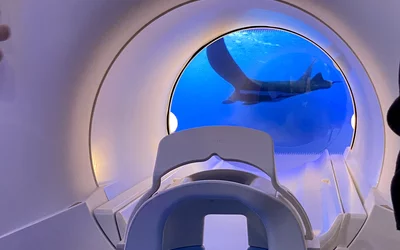 Movie playing for patient on Philips Blue Seal 1.5T MRI at RSNA 2024. Magnetic resonance imaging, or MR scanner. Photo by Dave Fornell