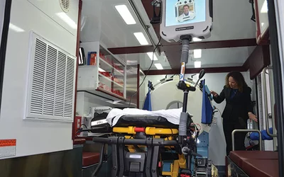 An ambulance-based mobile stroke unit created by the University of Texas Health Science Center at Houston (UTHealth) Medical School and Memorial Hermann-Texas Medical Center (TMC). The vehicle has a small head CT scanner to enable imm edit imaging to confirm if a patient had a stroke and what type before they arrive at the hospital to enable faster door to repercussion times, or faster door to tPA administration times. The unit also has a telemedicine system so a neurologist can evaluate patients remotely.