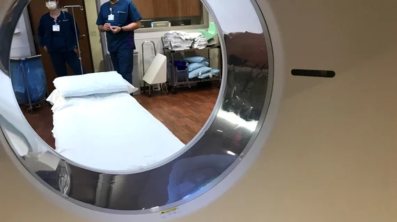 CT scanner Canon Aquilion One 320 slice system at Northwestern Medicine Central DuPage Hospital. Radiology technologists ready to prep a patient for a scan.