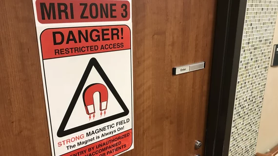 MRI safety zone warning sign at entrance into an MRI imaging room at Northwestern Central DuPage Hospital.