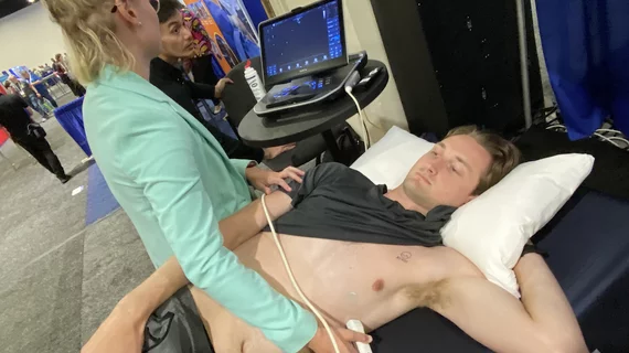 A cardiac point-of-care ultrasound (POCUS) exam being performed using a compact ultrasound system at the ASE annual meeting. Photo by Dave Fornell